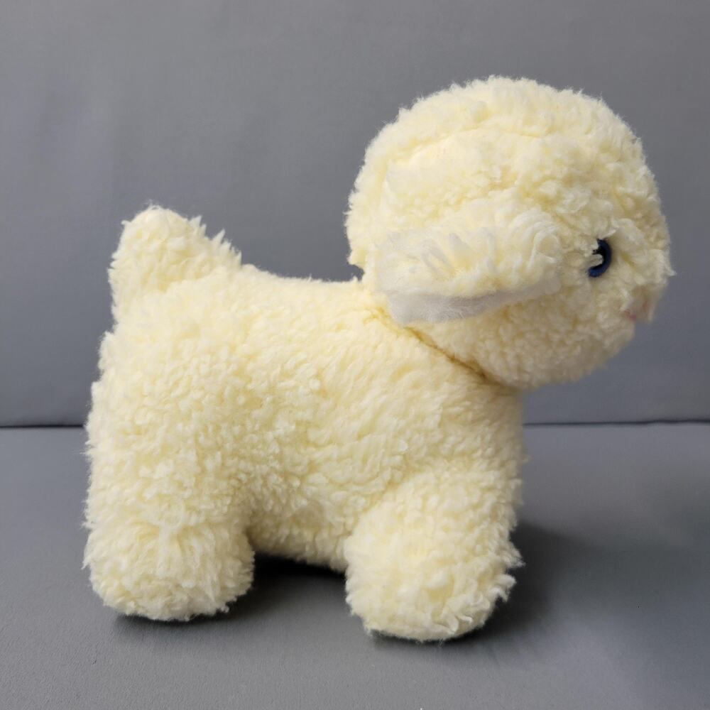 Vintage 80's Bantom Musical Lamb Plush Wind-Up Stuffed Animal Blue Eyes Made USA